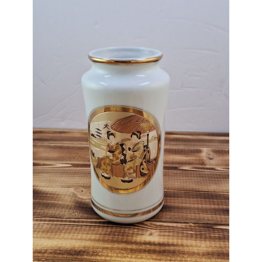 Vintage Art of Chokin Japanese Ladies Umbrella Vase 24K Gold Trim Decor‎ 6" Tall